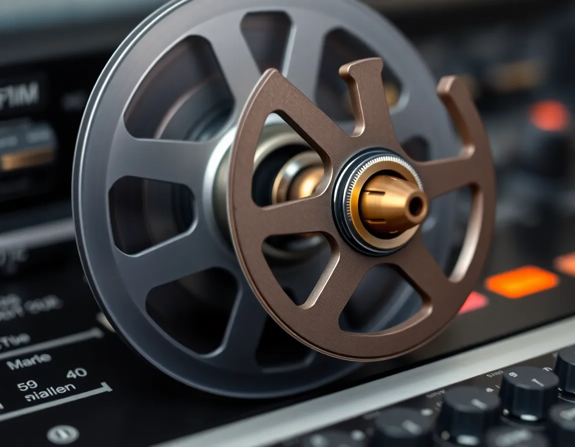 Close macro view of an open reel endless micro cassette mechanism with exposed brass capstan on synthesizer surface