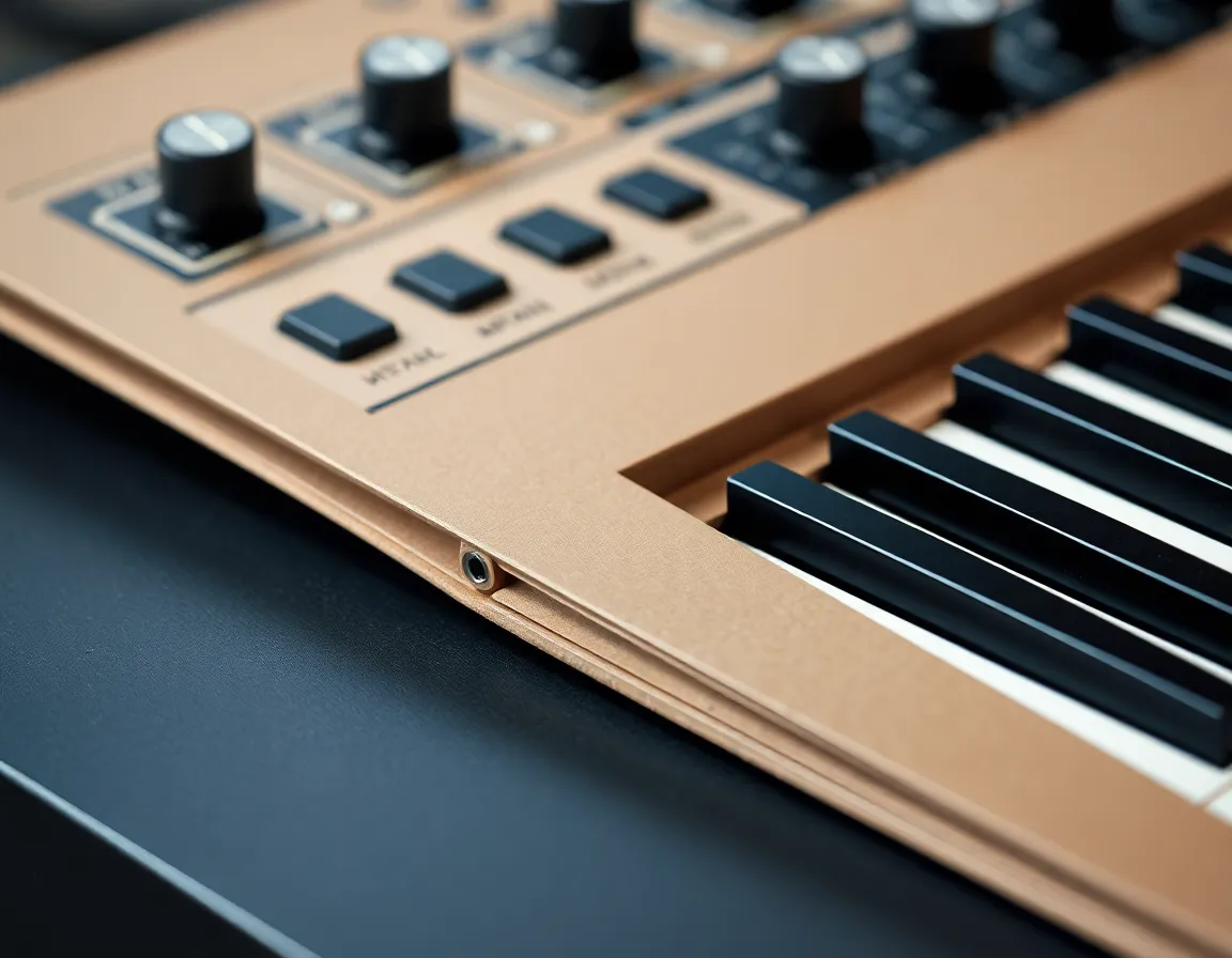 Detailed close-up shot of folded dense kraft paper housing showing laser scored fold lines and metal standoffs on music synthesizer