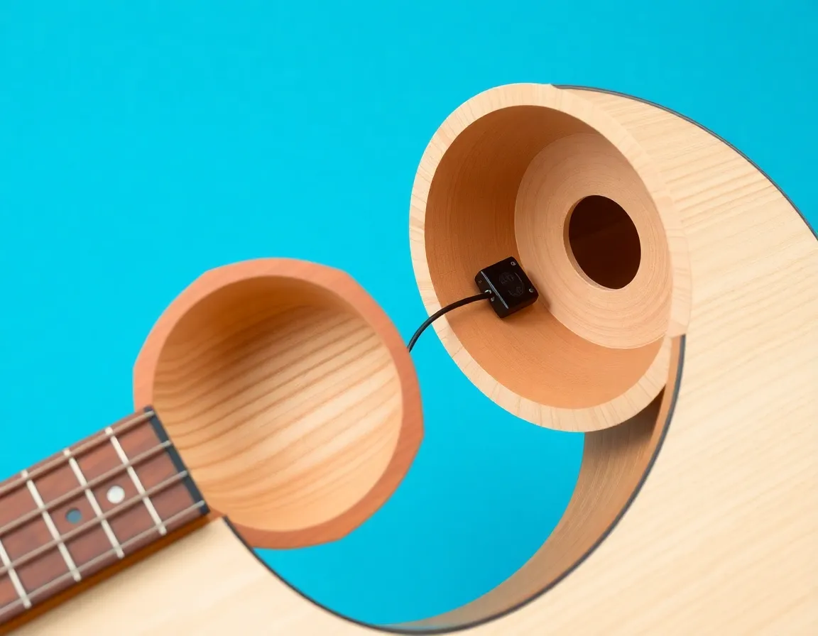 Exploded diagrammatic view of balsa wood acoustic sound chamber with attached piezo sensor inside hardware instrument