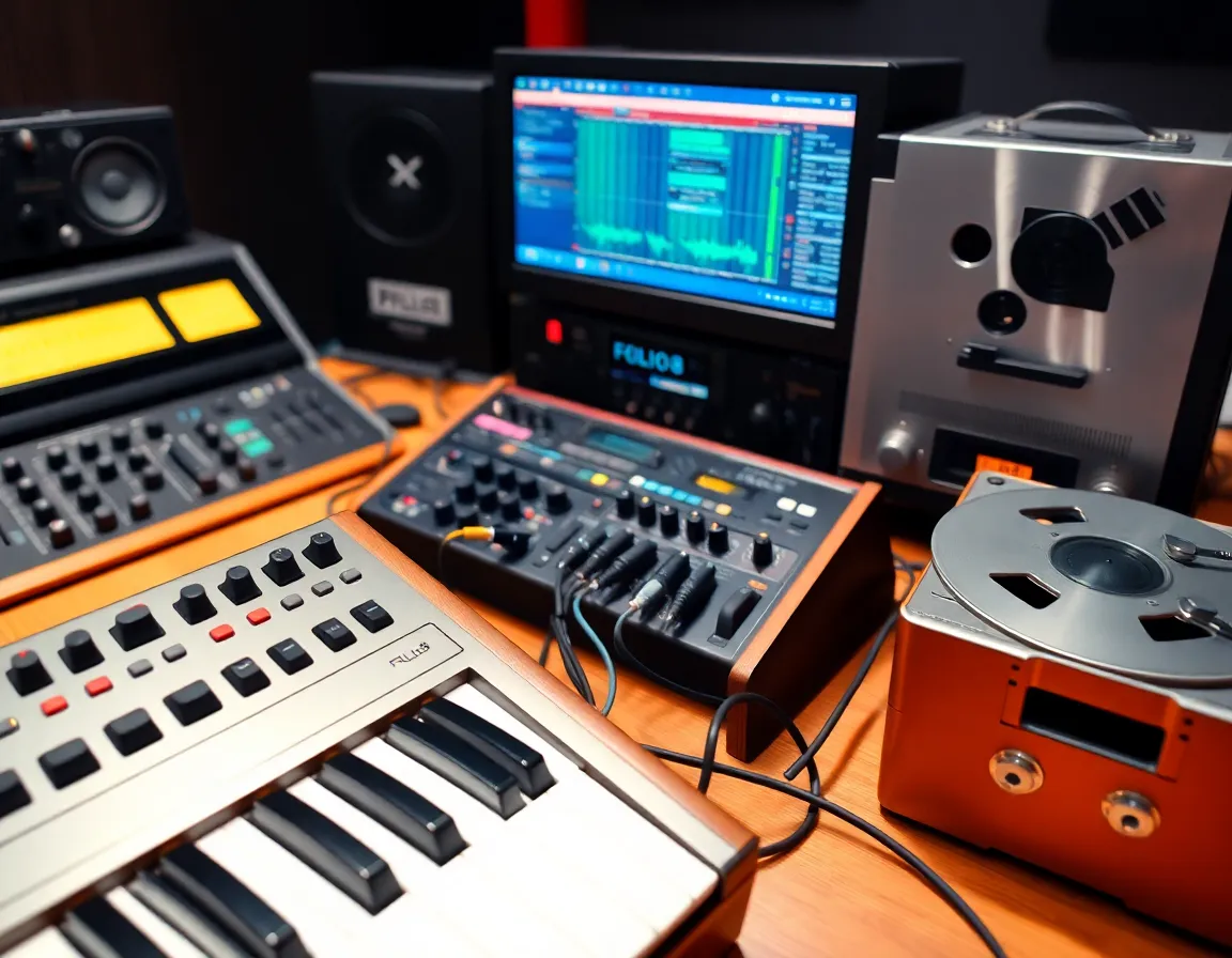 FOLIO-8 music synthesizer connected with audio patch cables to a studio mixing console and tape machine