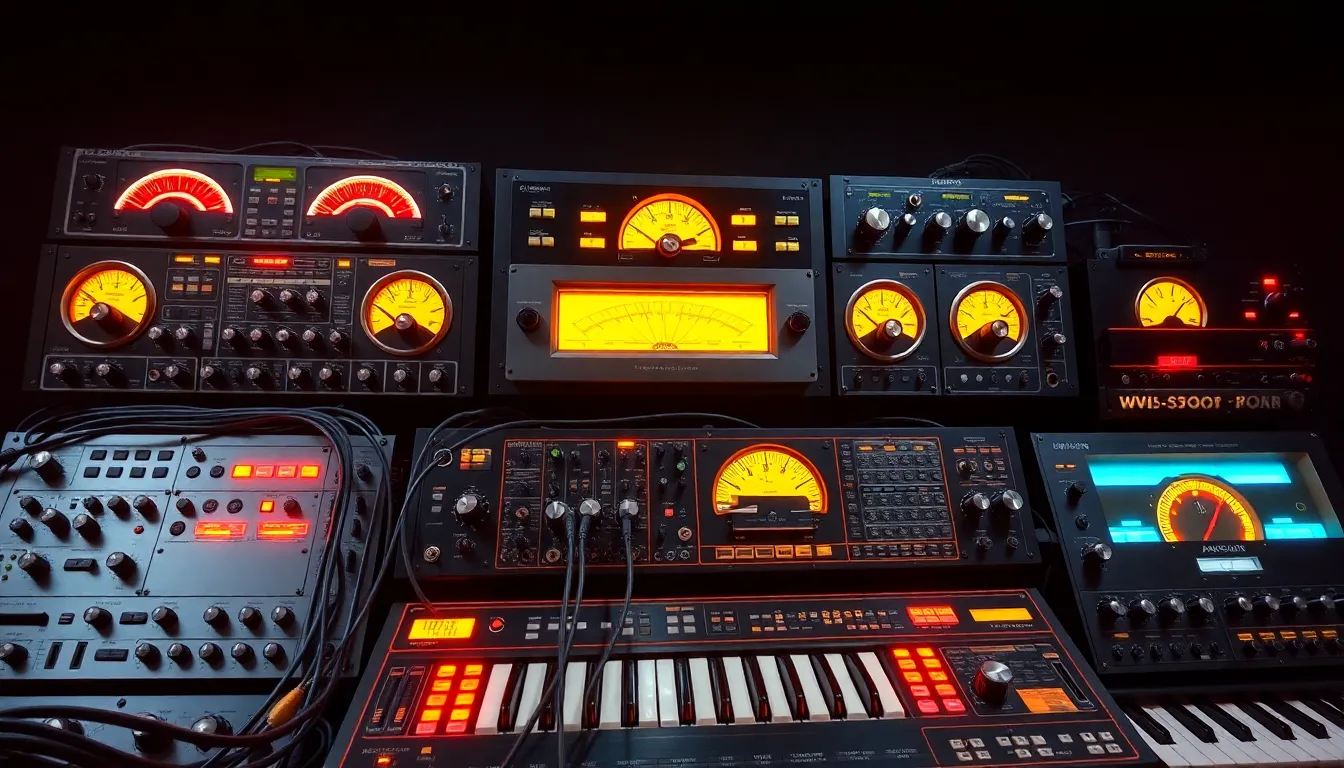 Monolithic analog synthesizer array featuring patch cables, glowing neon VU meters, frequency oscilloscopes, and brass dials in a dark studio setting