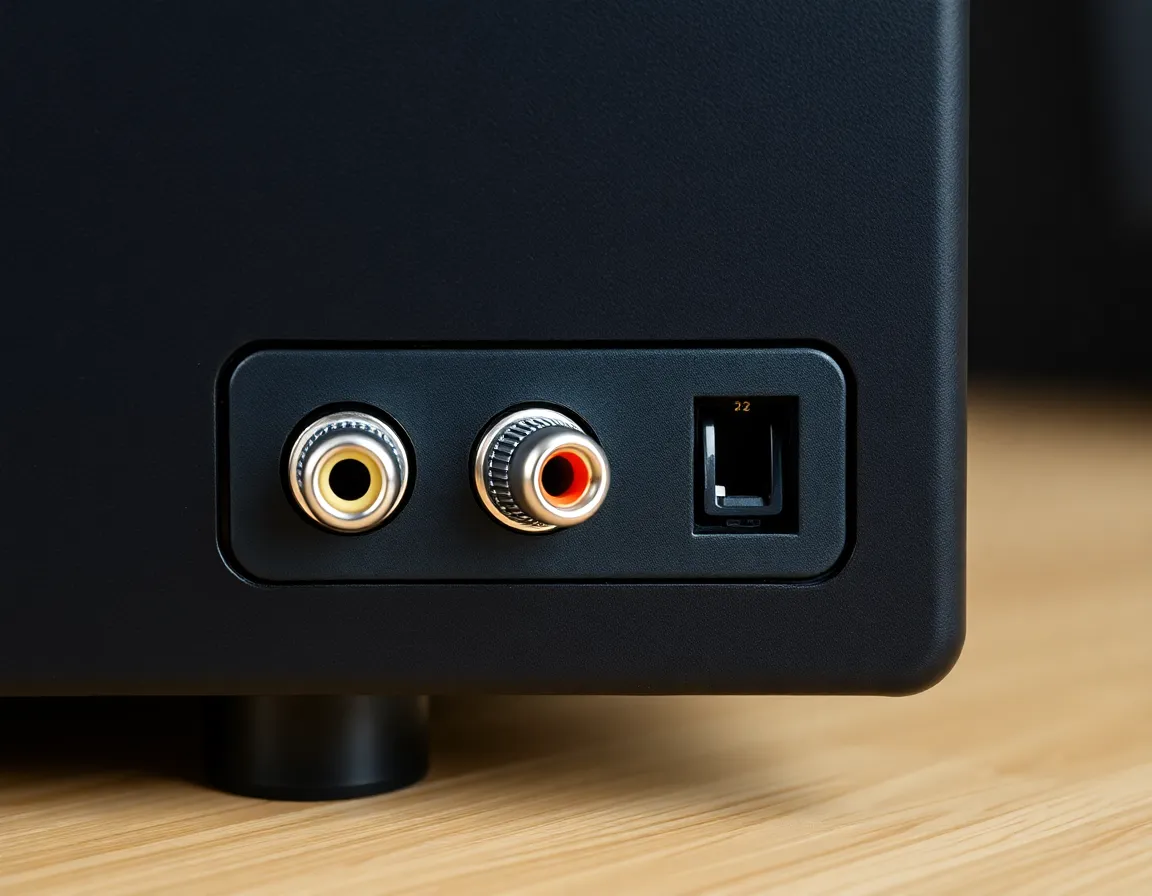 Rear panel view showing clean metal audio jacks and USB-C port embedded in heavy dark paperboard edge