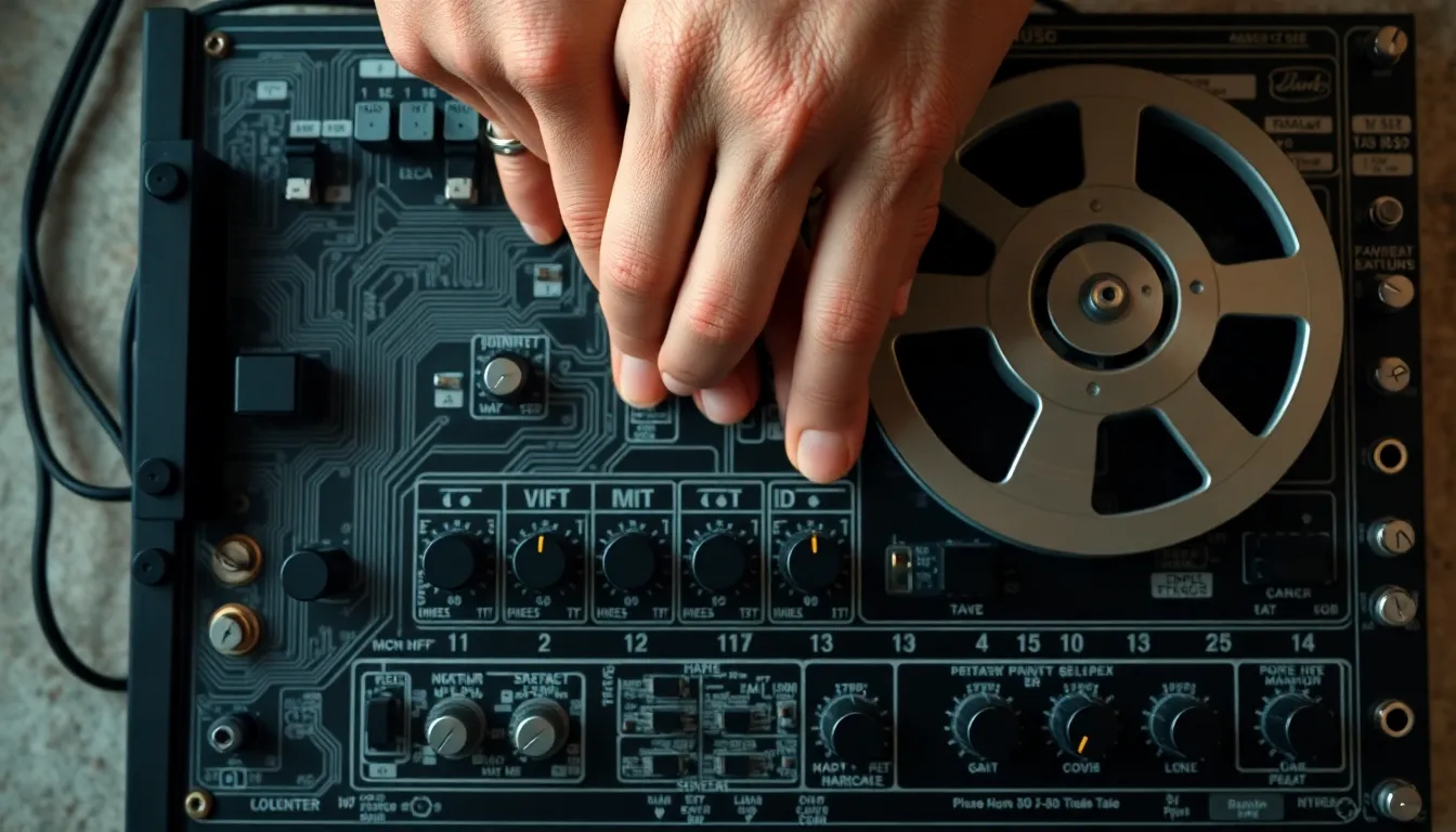 Two hands pressing onto raw circuit traces and tape reel controls of an artisanal electronic music instrument